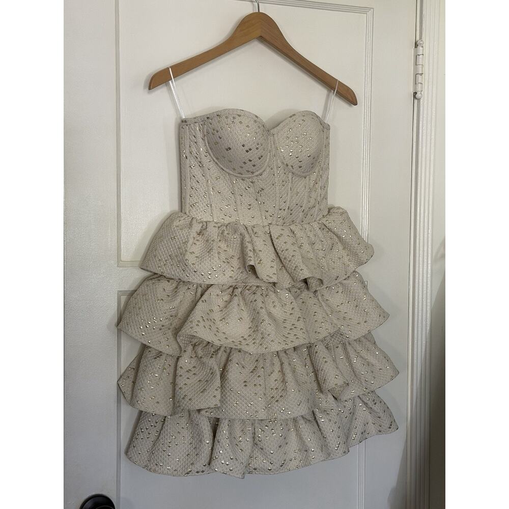 Morange Collection Noci Dress Peplum Corset Mini Gold Beige Cocktail Medium NWT